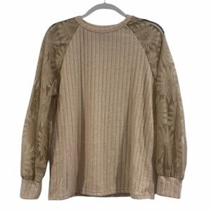 Women’s Cream Tan Sweater with Sheer Embroidered Floral Details on Sleeve Large